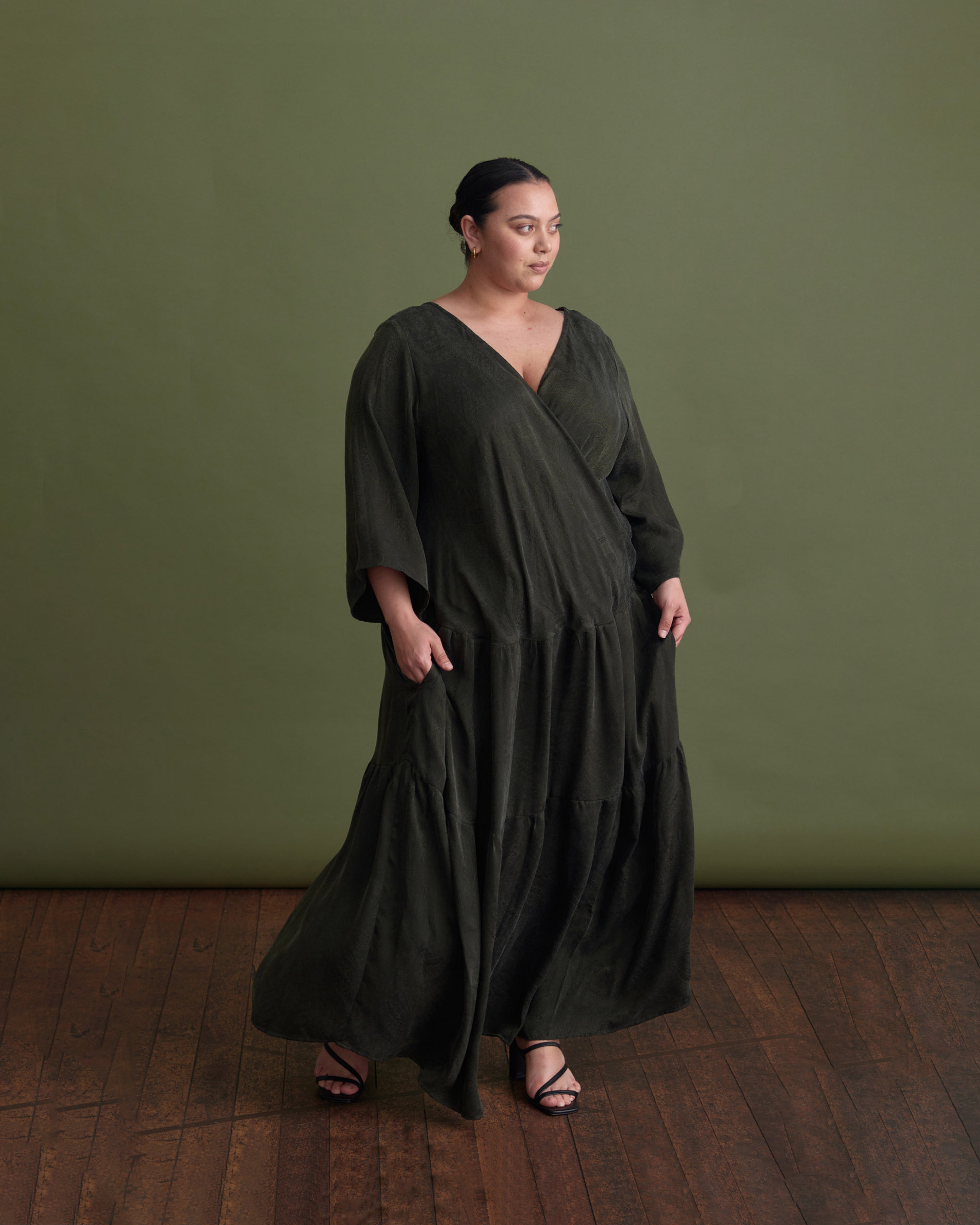 chinese dress ladies EROS MAXI DRESS KHAKI JACQUARD