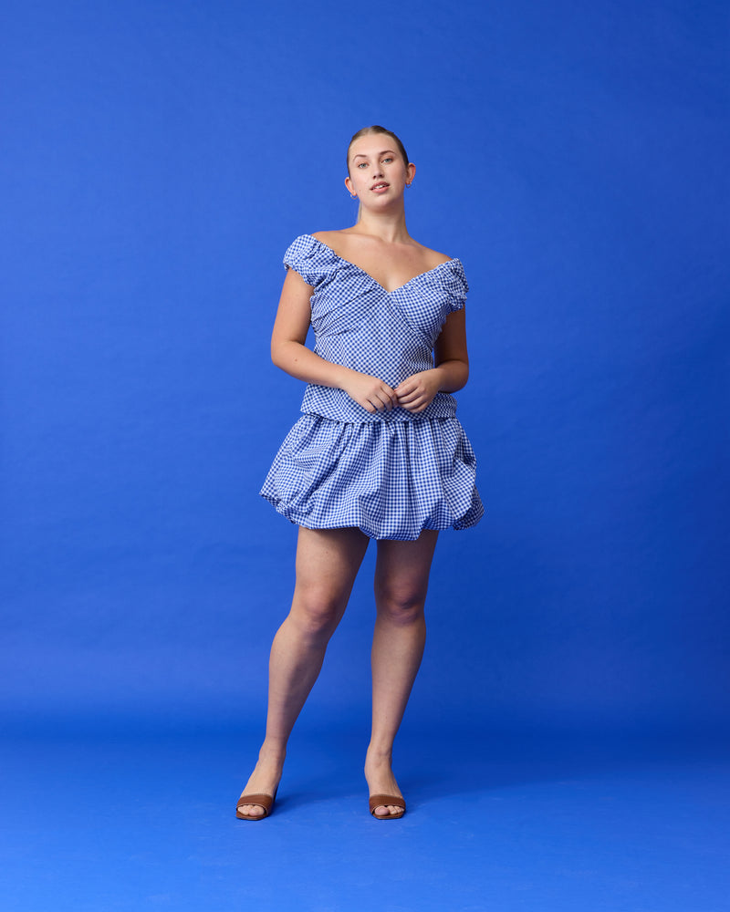 RAQUEL BUBBLE SKIRT COBALT GINGHAM | Bubble mini skirt design in a 'puff' silhouette. Style this skirt on its own, layered over tights or pants or, try it as a bodice!