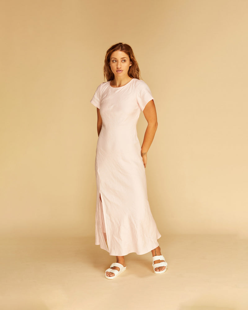 JORDAN LINEN DRESS BLUSH | Bias cut midi dress with a keyhole and tie closure at the back neck, in a blush coloured linen. A new take on the much loved Kendall Satin Dress, this...