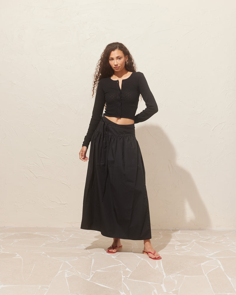 RODEO MAXI SKIRT BLACK | Ballerina-inspired wrap maxi skirt designed in a black organic cotton. This skirt can be styled on its own or, you can even try tying the wrap as a bodice dress.