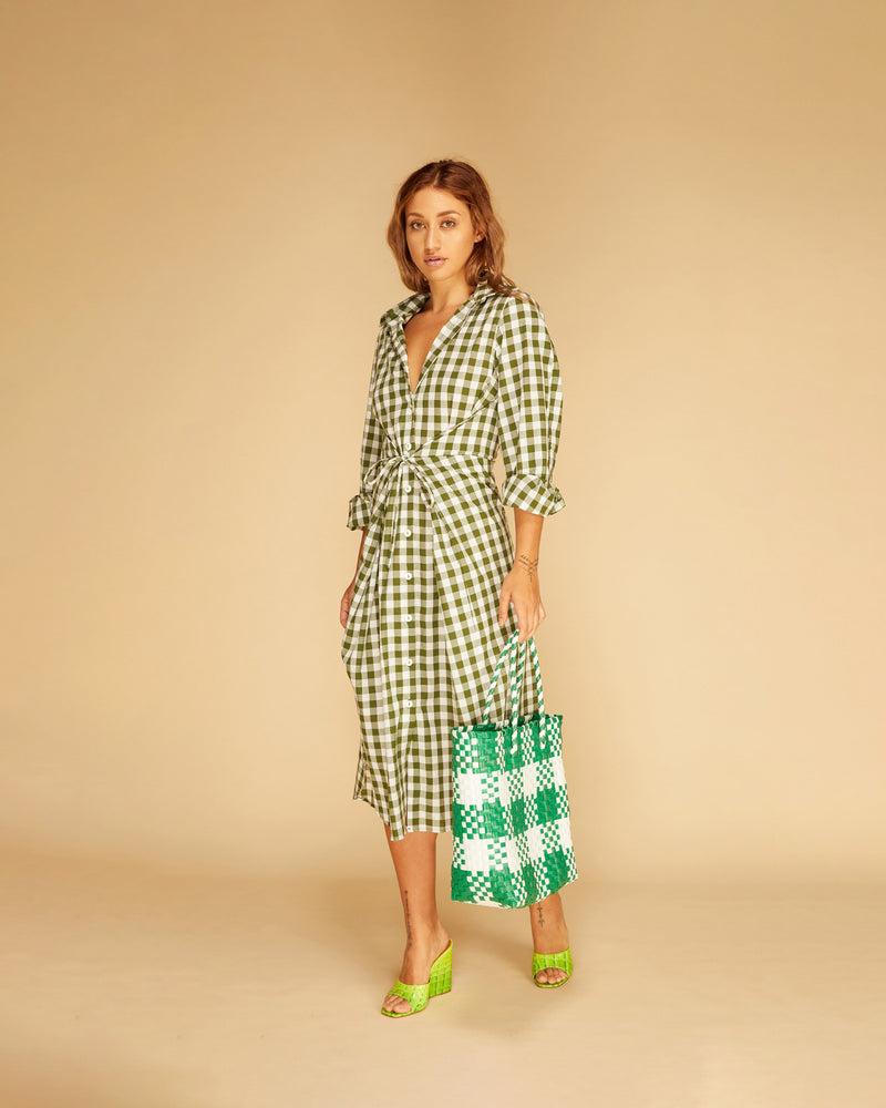 KLEIN GINGHAM WRAP DRESS KHAKI GINGHAM | Longsleeve shirt dress with front button placket and a wrap waist tie. Designed in a classic shirt silhouette, it's cut from a crisp khaki gingham cotton.