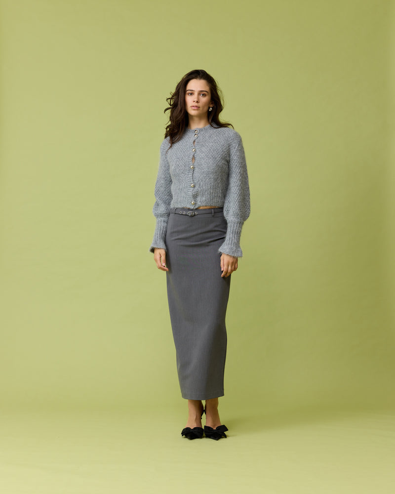 MATILDA CARDIGAN GREY MARLE | Button-down cardigan with silver metallic dome buttons and a slightly puff-shouldered silhouette. Features an exaggerated flute cuff crafted in a chunky mohair and wool blend.