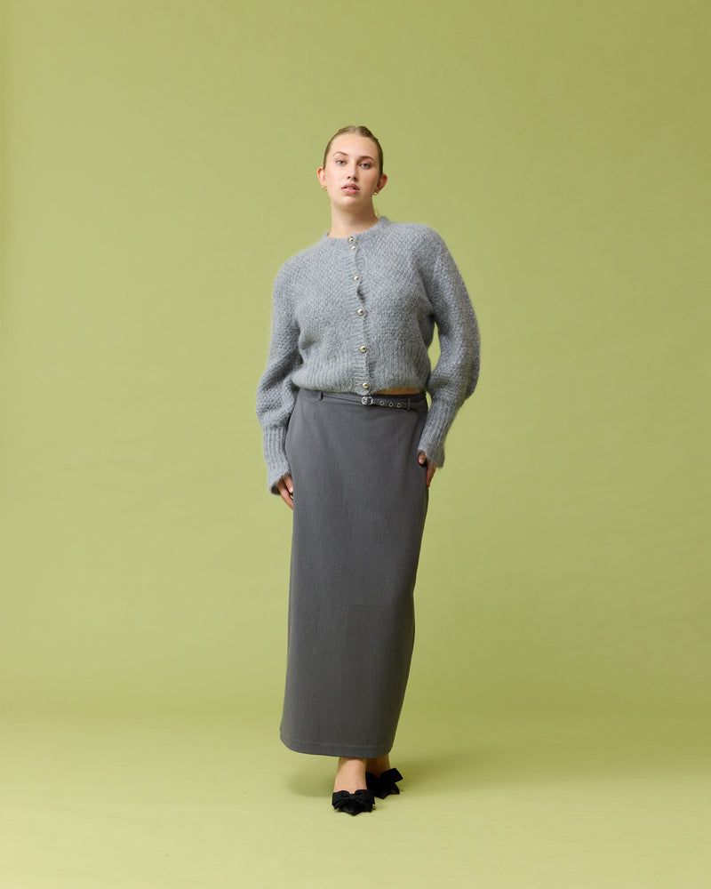 MATILDA CARDIGAN GREY MARLE | Button-down cardigan with silver metallic dome buttons and a slightly puff-shouldered silhouette. Features an exaggerated flute cuff crafted in a chunky mohair and wool blend.