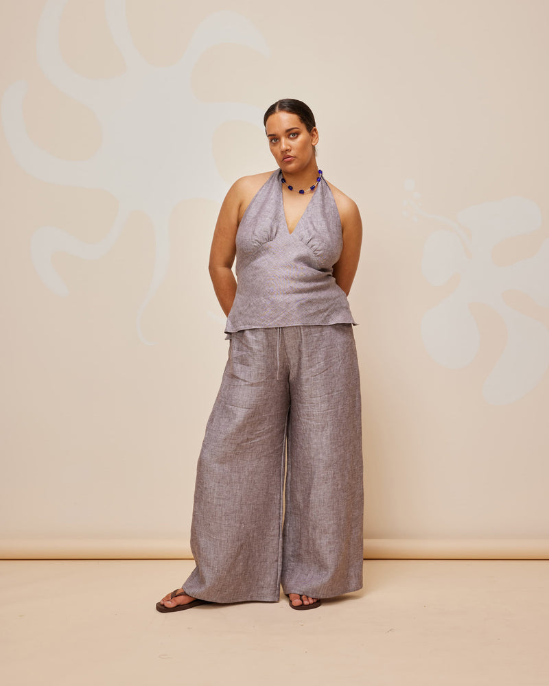 ANDIE LINEN PANT BROWN | Palazzo style elastic waist pants with a tie, in a lightweight linen. These pants are high waisted, uncomplicated, and classically cool.
