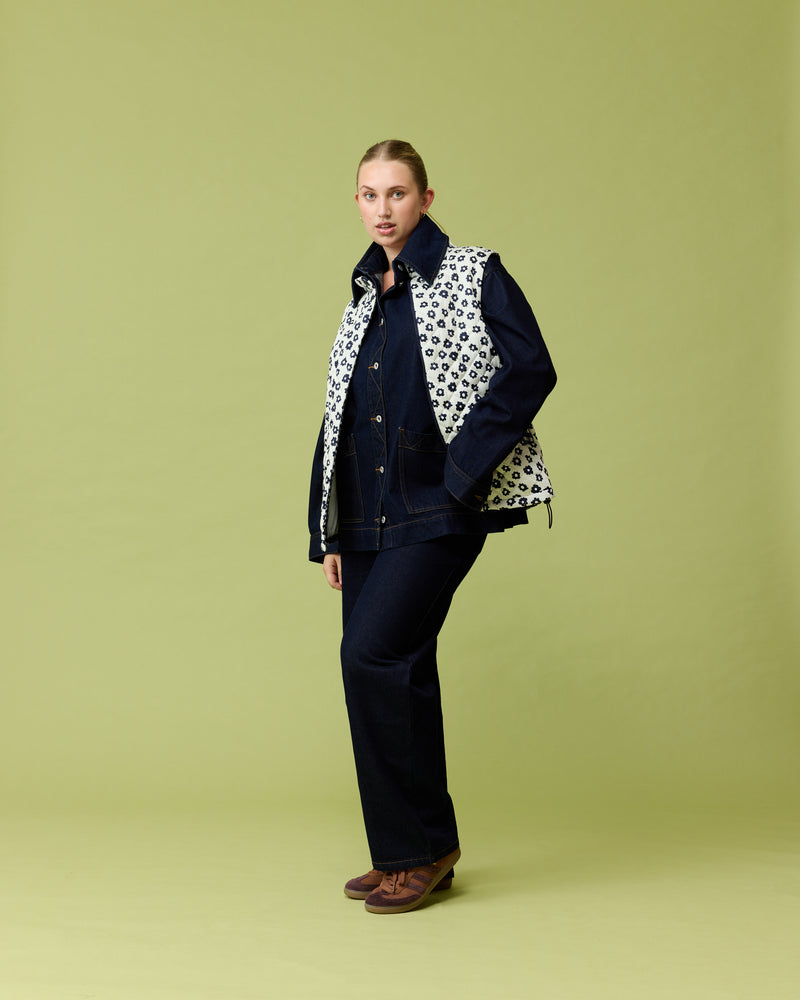 HARRIET VEST NAVY DAISY | Quilted padded vest, designed in a loose silhouette, making this the perfect layering piece. Designed in our RUBY navy daisy print on a cream base.