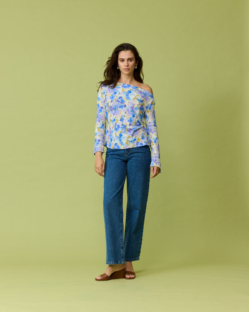 ANDIE LONG SLEEVE BLUEBERRY FLORAL | Crepe blouse with flared sleeves, designed in our RUBY blueberry floral. This top has a cowl neckline and tie detail at the waist.
