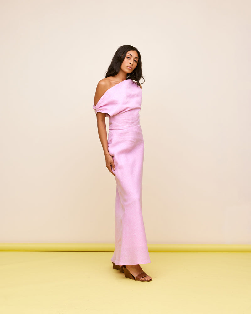 MELON LINEN MAXI DRESS PINK | One shoulder maxi dress designed in a soft pink linen. This dress is fitted at the waist to compliment the draped one-shoulder shape, and falls to a bias cut skirt.