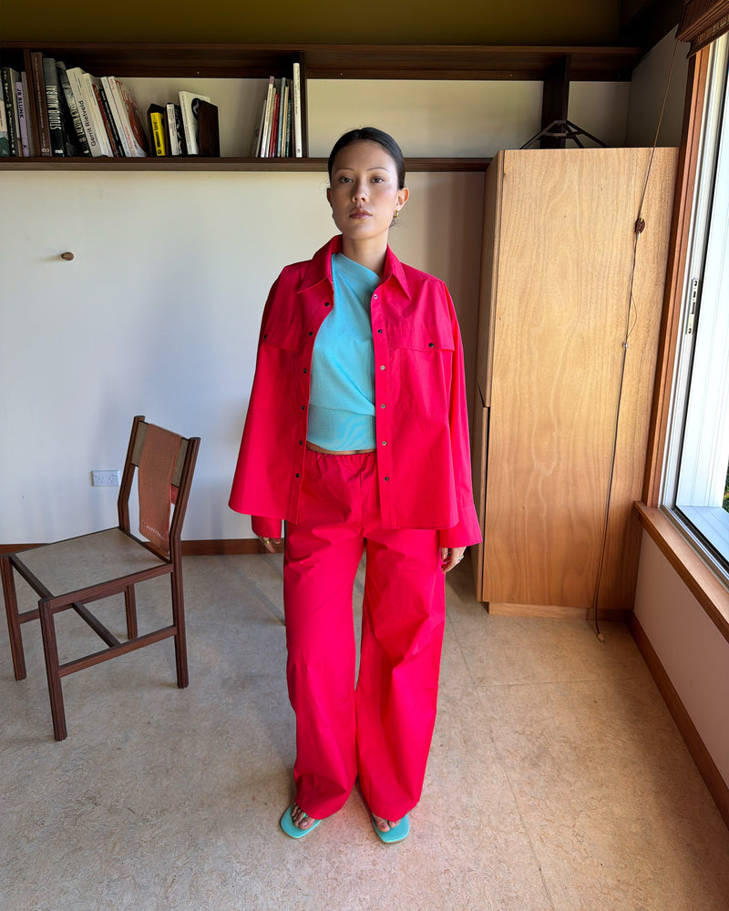 SONNY PANT CHERRY | Straight leg cotton pant with a flat elastic waistband, designed in butter and navy striped cotton. These pants sit relaxed and wide and have side and back pockets, with a feature embroidered RUBY 'R' on the back pocket. Make it...