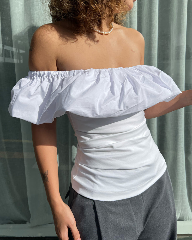 PARLOUR TOP WHITE | Off shoulder slim fit top with a feature frilled detail around the neckline, arm and back. The ruffle is designed in a cotton to emphasise the shape and the top is...