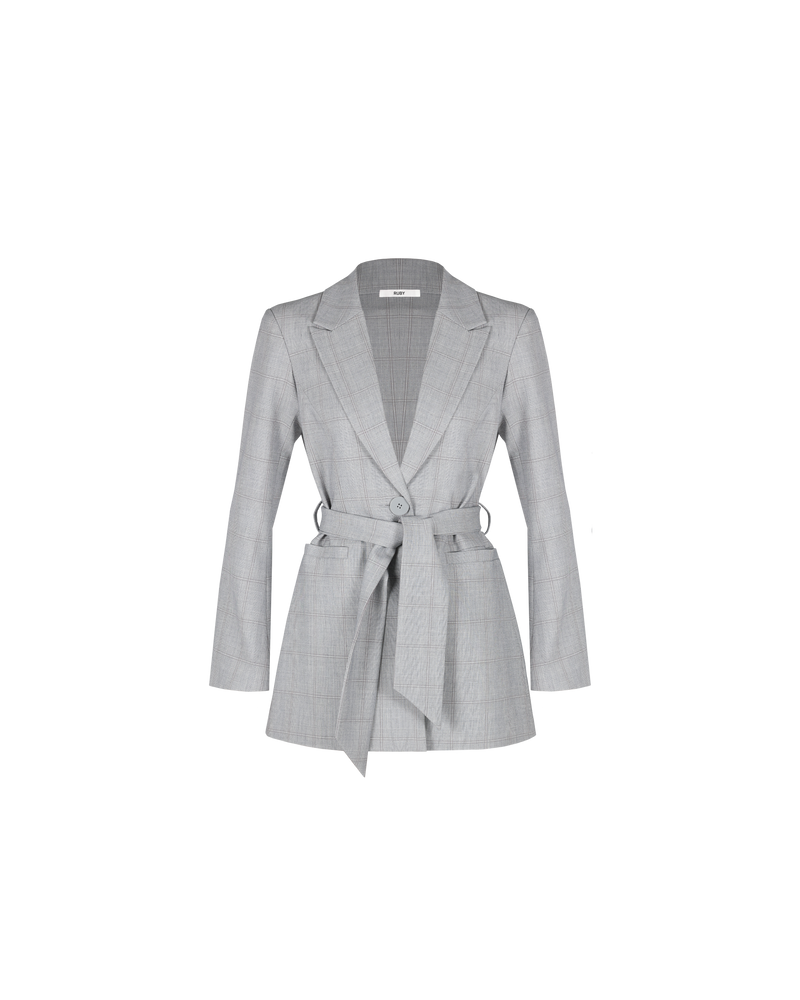 ALEXIA BLAZER GREY CHECK | Single breasted blazer with a removable belt and a tonal grey button. Small design details, including a back vent, notch collar and soft shoulder pads make this piece simultaneously structured...