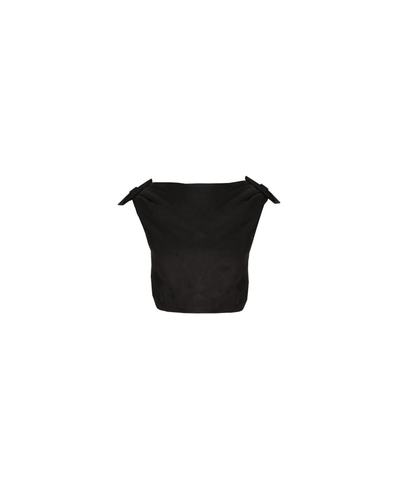 ALINA LINEN BOW TOP BLACK | One-shoulder linen top with feature bows at the shoulders. Has an elasticated hem to give the top a blouse look.