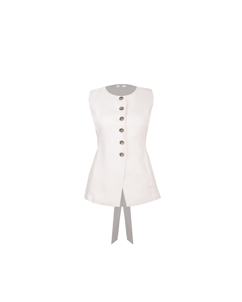ALIZA LINEN VEST WHITE | Elevate your wardrobe with this staple linen vest. Featuring a round neckline with a button-down front, that finishes with an opening at the hem. Style this piece on its own...