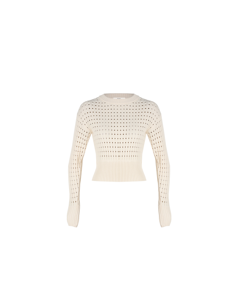 KATA SWEATER FRENCH VANILLA | Lattice knit sweater with ribbed hem detailing designed in a cream shade, light weight yarn. The knit detailing adds a point of interest to this staple summer sweater.