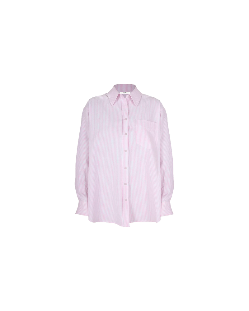 ALLORA SHIRT PINK STRIPE | Oversized crisp shirt with classic shirt detailing and a large front pocket, designed in a pink striped cotton. This piece is a timeless wardrobe staple that you will wear for...