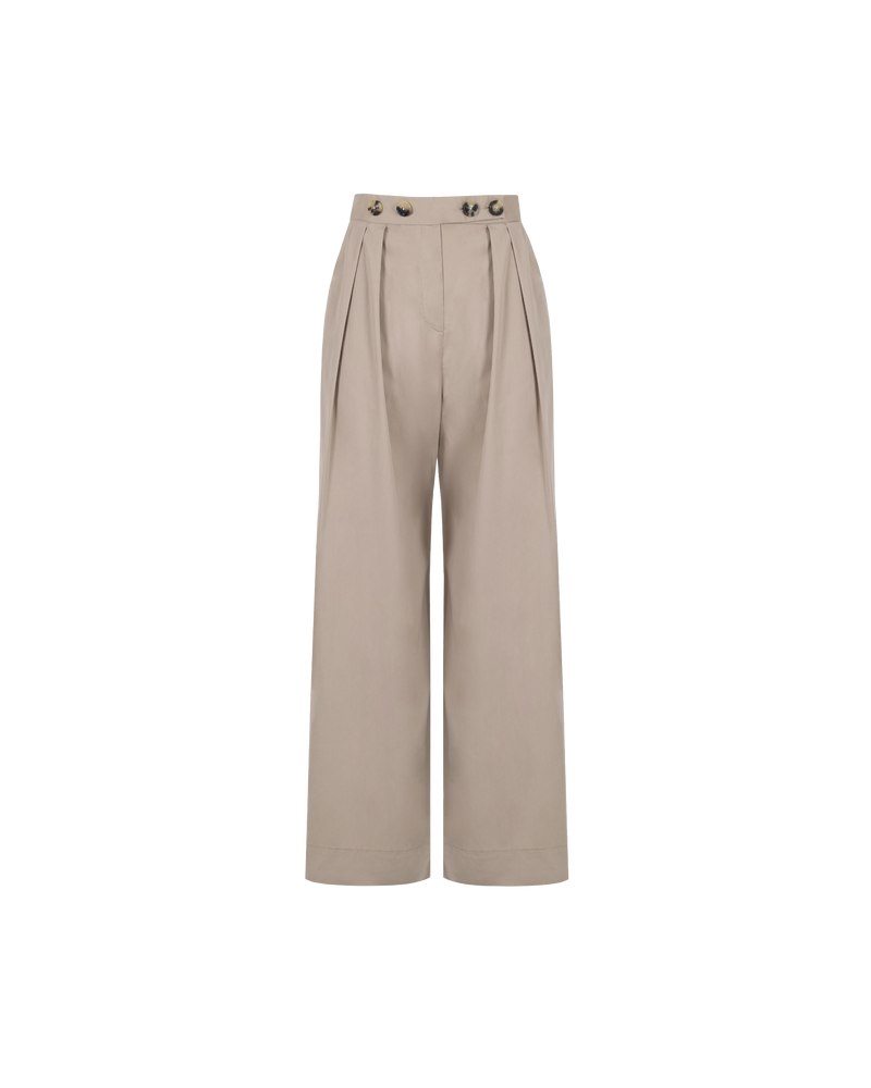 ALLORA TROUSER GREY | Wide leg cotton pants with tortoiseshell buttons and pleat detailing. Designed in a neutral grey shade that makes these pants so easy to style.