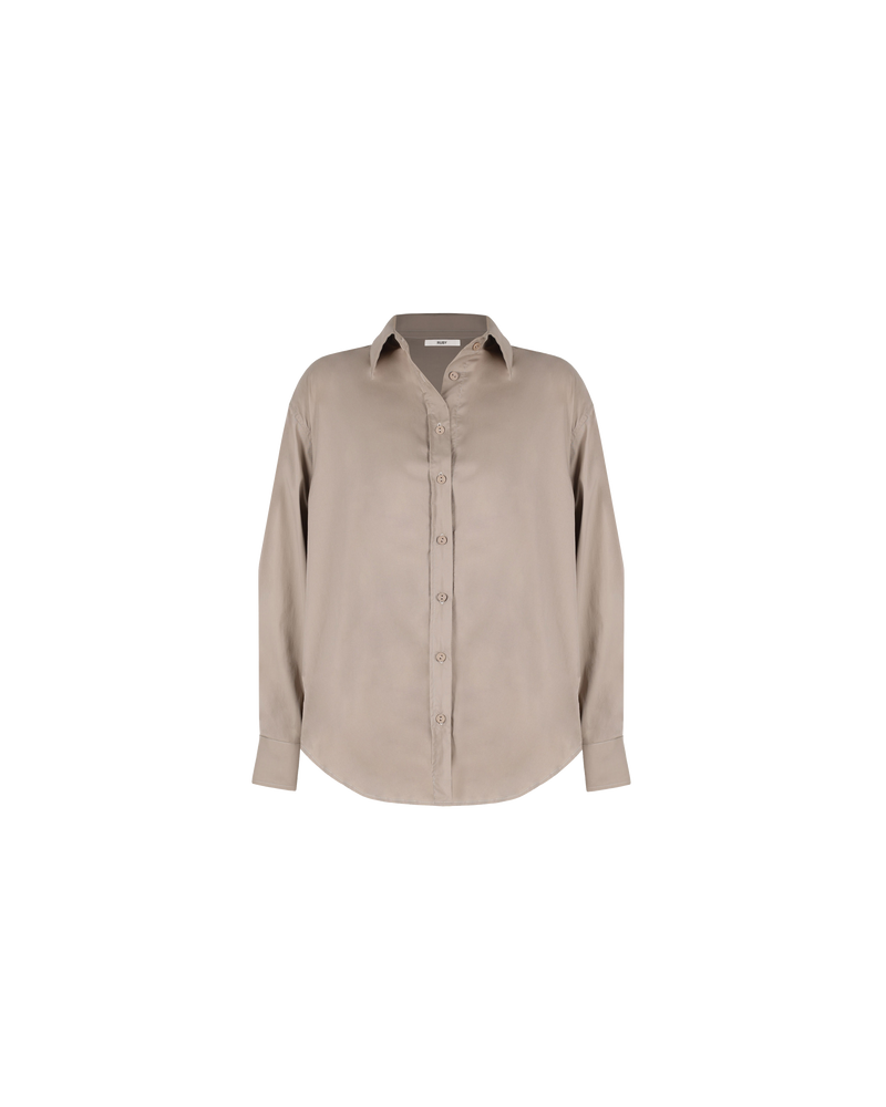 ALLORA SHIRT  GREY | Oversized shirt with classic shirt detailing and a large front pocket, in an organic cotton. The neutral grey shade makes it an effortless piece to style.