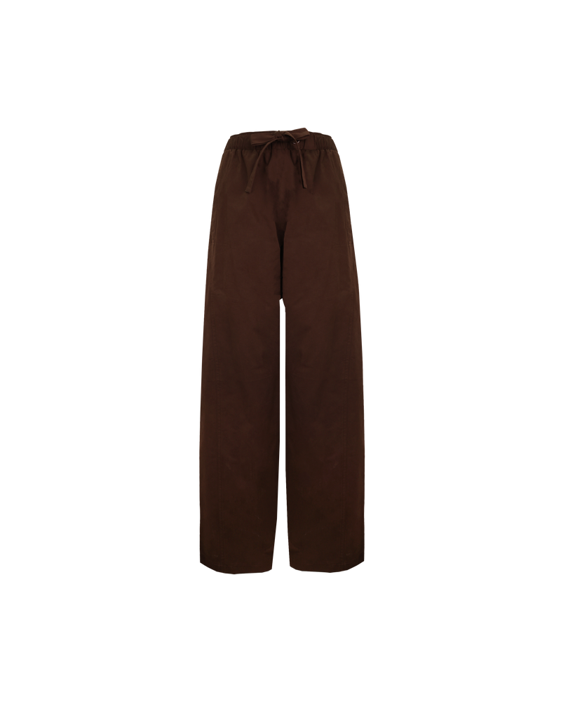 ALVIN PANT JAVA | Cargo style wide leg pant, imagined in a java colored cotton. These pants feature an elastic waistband with a drawcord, as well as a curved seam at the back.