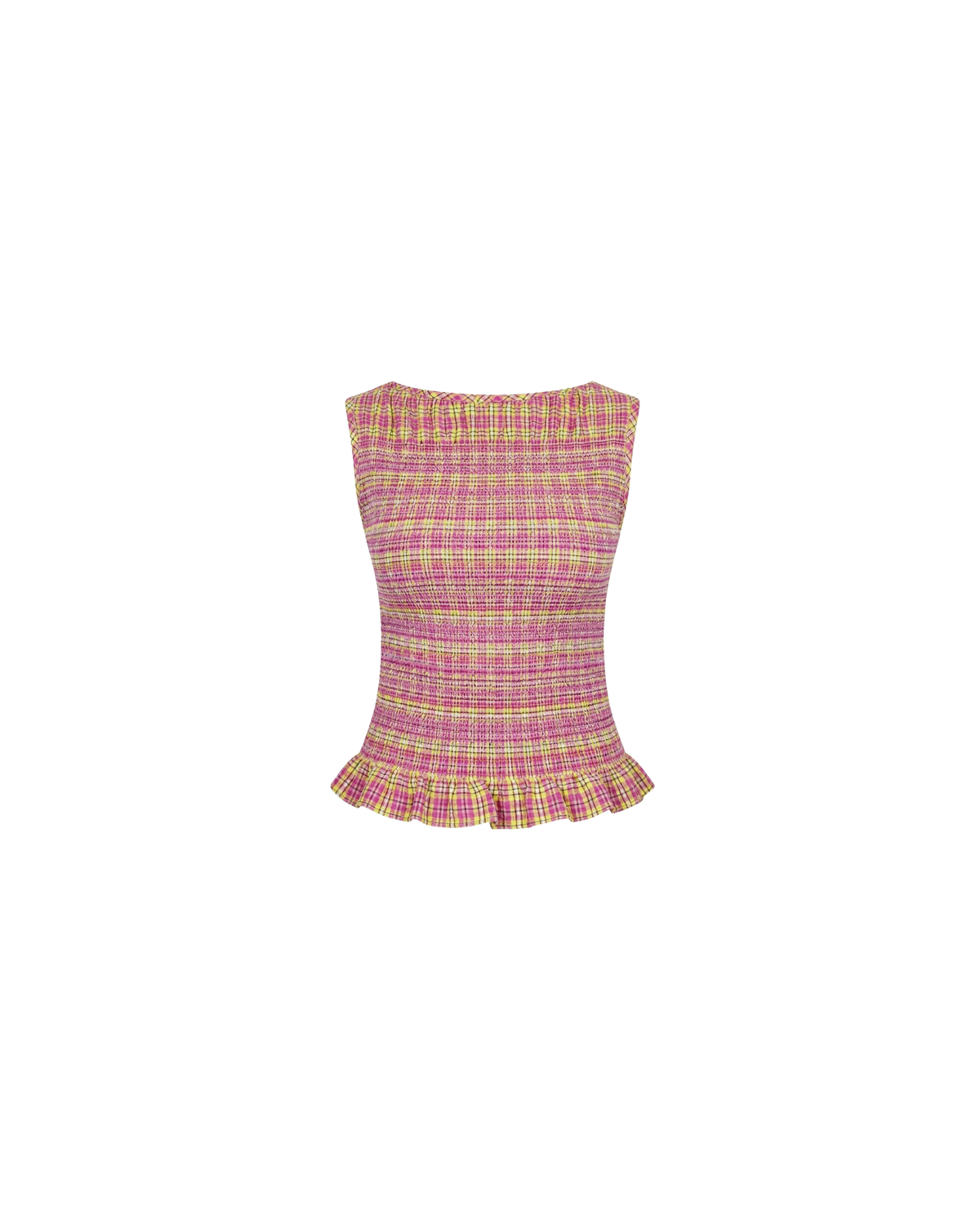 ANASTASIA TANK PINK YELLOW TARTAN | Sleeveless tank with smocking throughout the body to create texture and shape, designed in a pink yellow tartan and crafted in 100% organic cotton,. Features a soft ruffle at the hem, which complements the smocking detail. Make it a set...