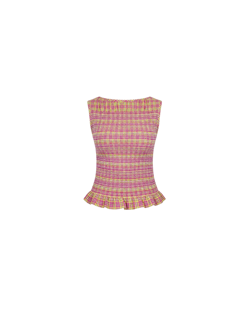 ANASTASIA TANK PINK YELLOW TARTAN | Sleeveless tank with smocking throughout the body to create texture and shape, designed in a pink yellow tartan and crafted in 100% organic cotton,. Features a soft ruffle at the hem, which complements the smocking detail. Make it a set...
