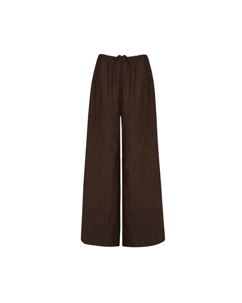 ANDIE LINEN PANT JAVA | Palazzo style elastic waist pants with a tie, in a light-weight java coloured linen. These pants are high waisted, uncomplicated, and classically cool.
