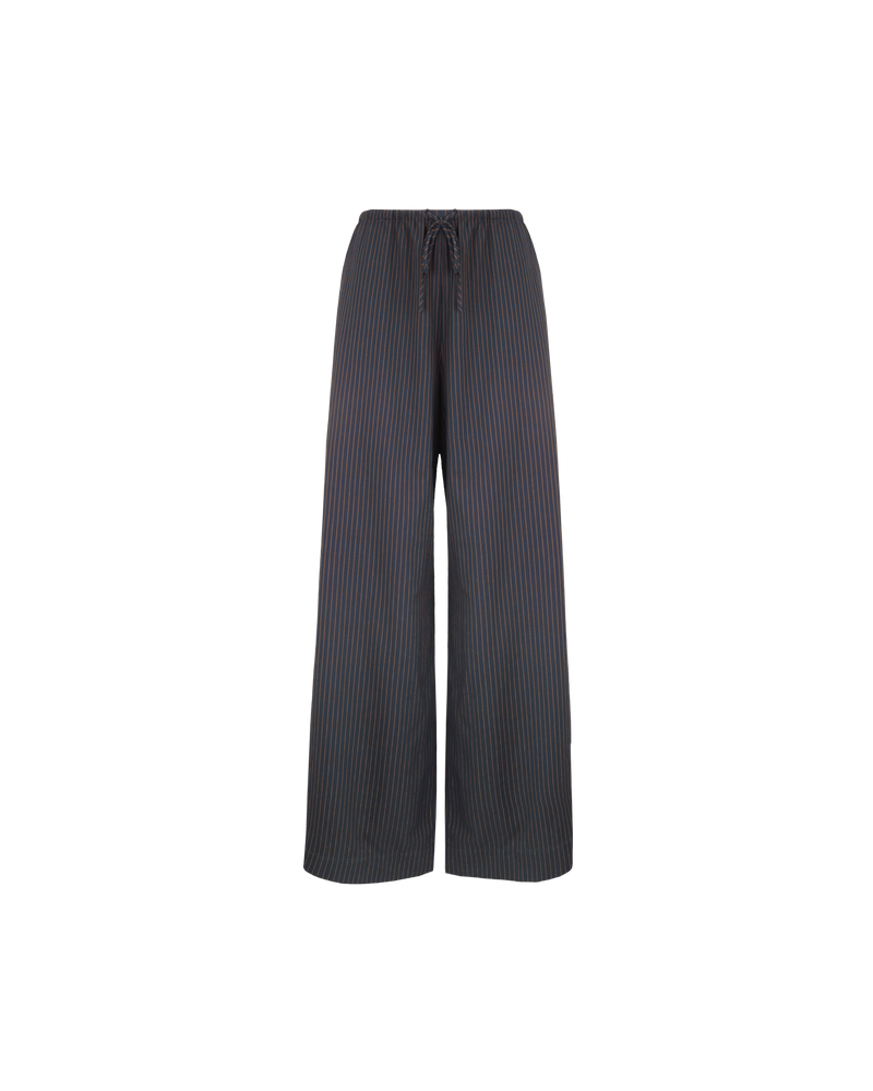 ANDIE PINSTRIPE PANT NAVY COPPER PINSTRIPE | Palazzo style elastic waist pants with a tie, in a mid-weight pinstripe suiting fabric. These pants are high-waisted, uncomplicated and, classically cool.