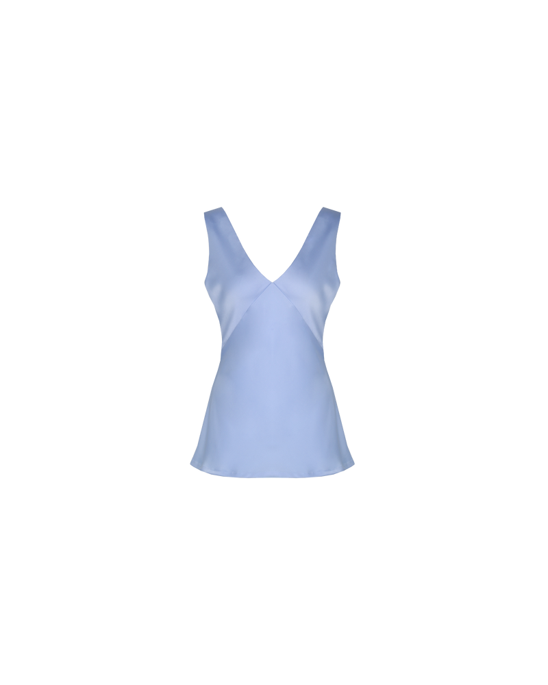 ANDIE SATIN CAMISOLE  SERENITY | Bias cut camisole in a luxurious serenity blue coloured satin. Wide straps and a panelled V-neck front and back give this top a classically vintage shape. 