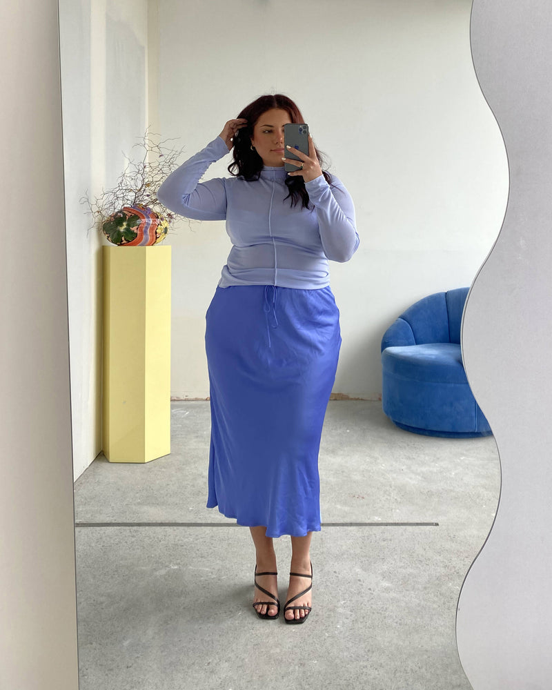 RSR SAMPLE 3208 ANDIE SATIN SKIRT | RUBY Sample Andie Satin Skirt in periwinkle. Size 16. One available. Isla usually wears a size 16.