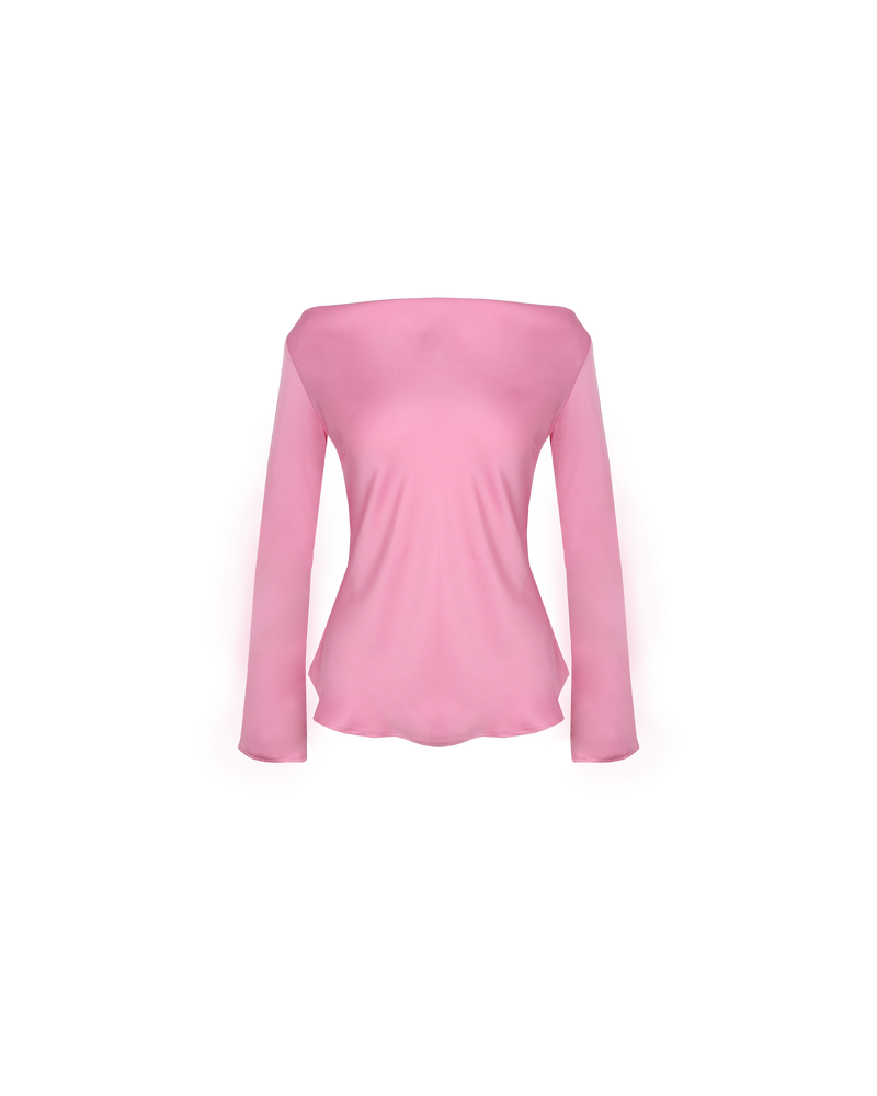 ANDIE SATIN BLOUSE PINK | Flared sleeve satin blouse designed in a lush candy pink satin. This top has a cowl neckline and tie detail at the waist. Find out more about this garments quirk...