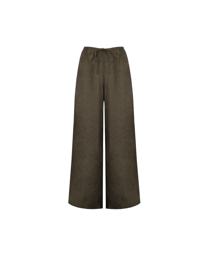 ANDIE LINEN PANT KHAKI | Palazzo style elastic waist pants with a tie, in a light weight linen. These pants are high waisted, uncomplicated and classically cool.
