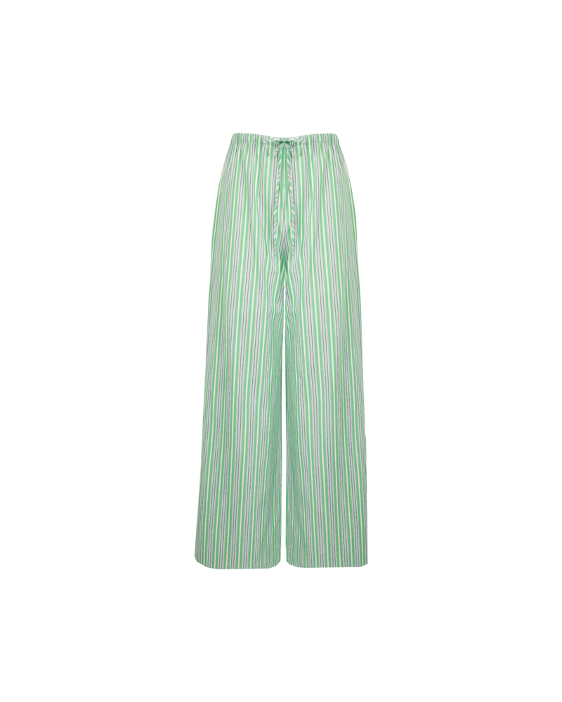 ANDIE COTTON PANT GREEN STRIPE | Palazzo style elastic waist pants with a tie, in a light weight green striped cotton. These pants are high waisted, uncomplicated and classically cool.
