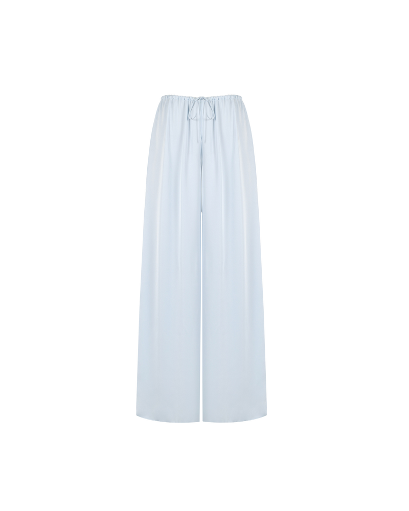ANDIE SATIN PANT ICE | Palazzo style elastic waist pants with a tie, in a luxurious ice blue coloured satin. These pants are high waisted, uncomplicated and classically cool.