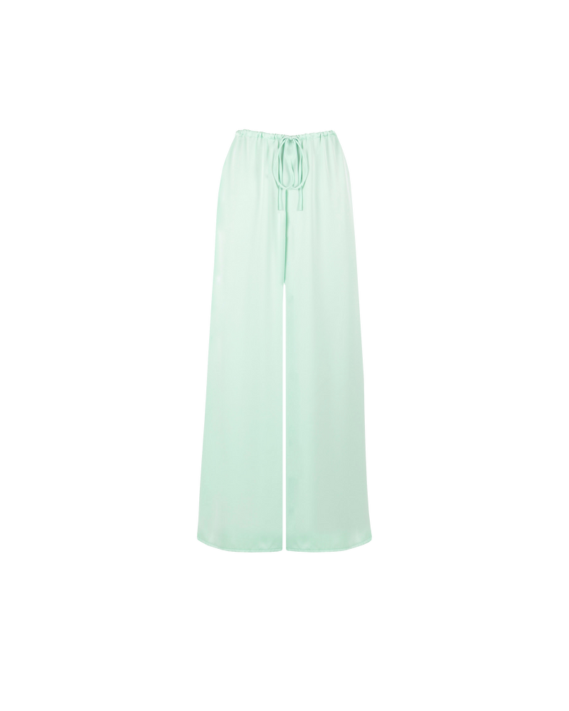 CUCUMBER SATIN PANT MINT | Palazzo style elastic waist pants with a tie, in a luxurious mint coloured satin. These pants are highwaisted, uncomplicated and classically cool.