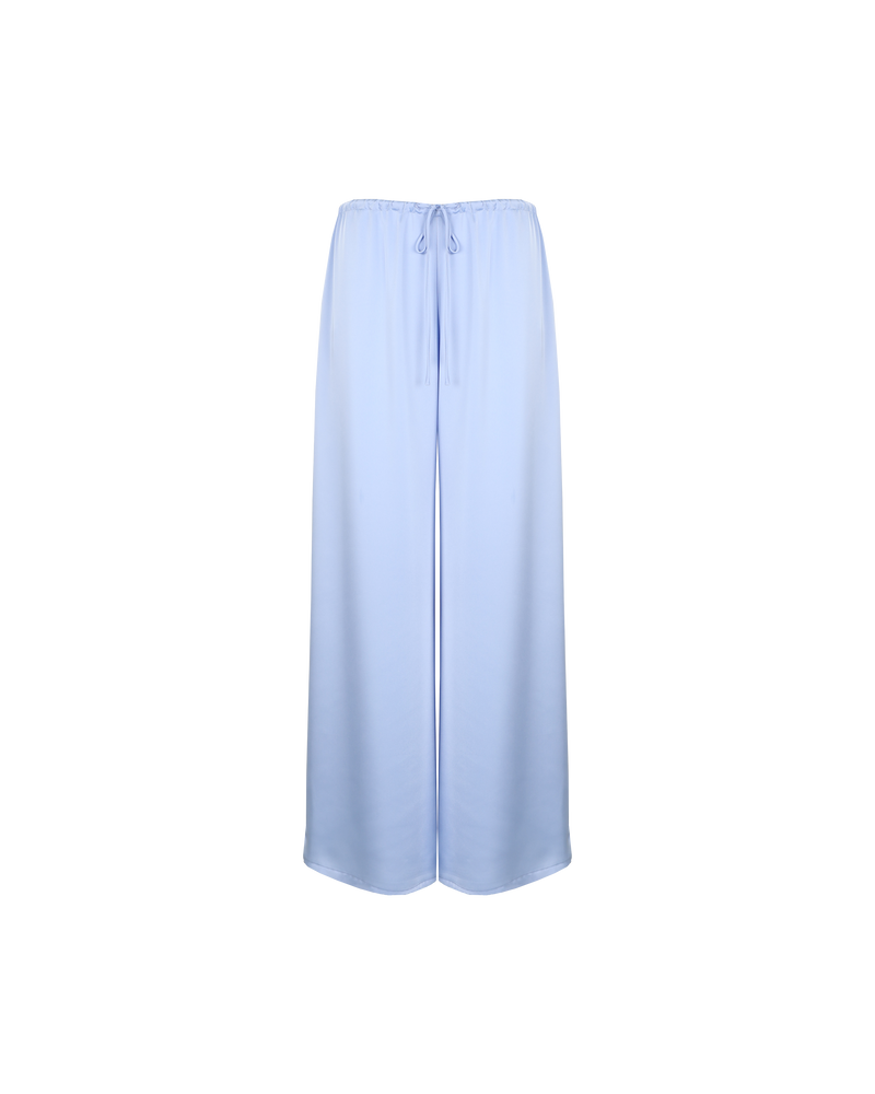 ANDIE SATIN PANT SERENITY | Palazzo style pants with an elastic waist band & tie, in a luxurious serenity blue satin. These pants are high waisted, uncomplicated and classically cool.