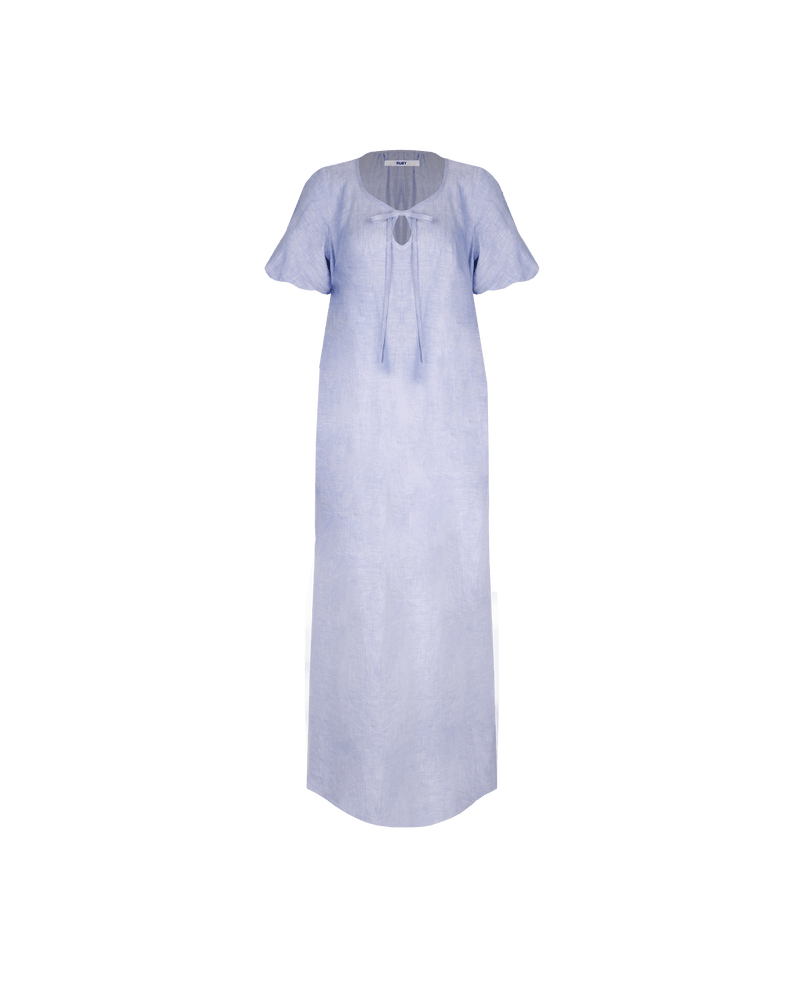 ANGEL LINEN MAXI DRESS BLUE MARLE | Relaxed fit maxi dress with elasticated puff sleeves and a tie neckline with a keyhole detail. Crafted in an airy linen, the puff sleeves add a romantic feel to this...