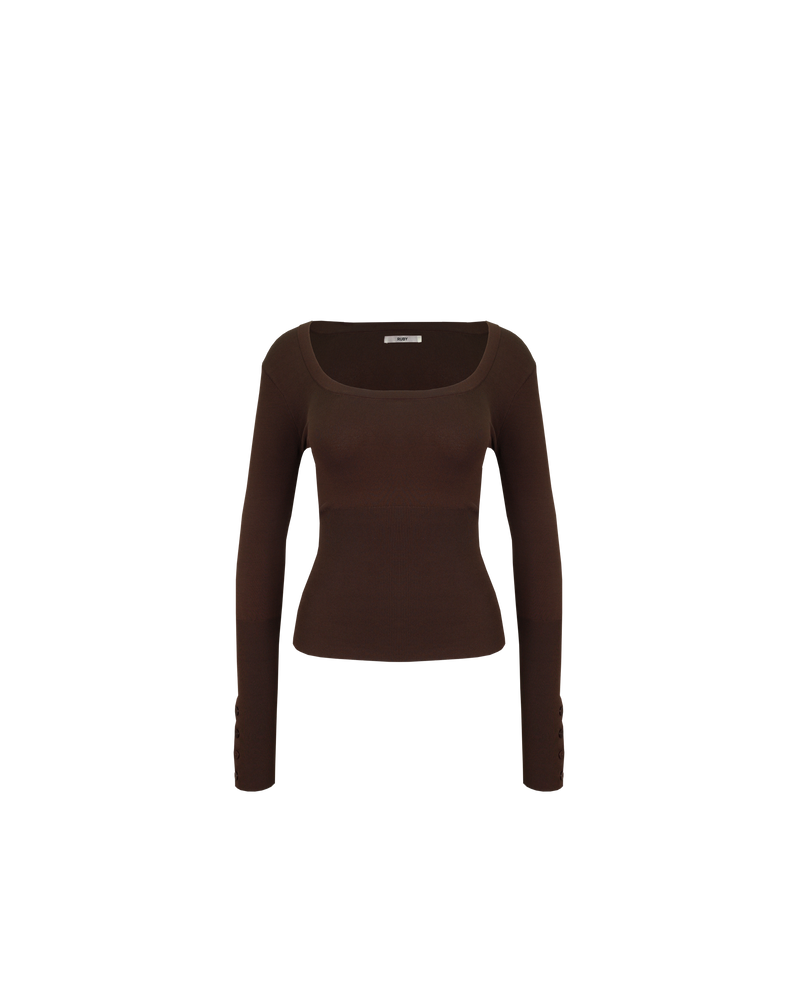 ANNA KNIT TOP CHOCOLATE | Scoop neck long sleeve top designed in a soft chocolate viscose knit. Features rib detailing under the bust that carries through to the hem. An easy winter basic that will...