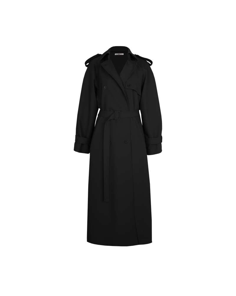 ANNIE TRENCH COAT  BLACK | Oversized midi-length trench with a self-fabric belt, button fastenings and, epaulettes at the shoulders and the sleeve. A classic shape imagined in mid-weight black coloured fabric.