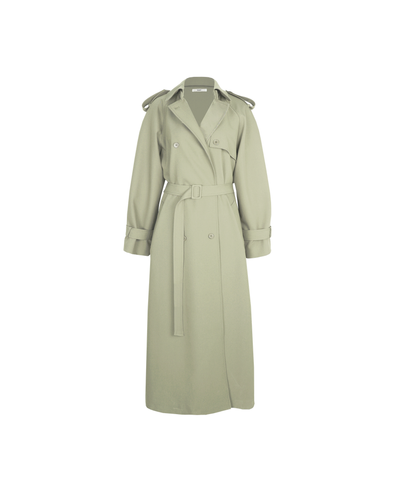 ANNIE TRENCH COAT SAGE | Oversized midi-length trench with a self-fabric belt, button fastenings and, epaulettes at the shoulders and the sleeve. A classic shape imagined in mid-weight sage coloured fabric.