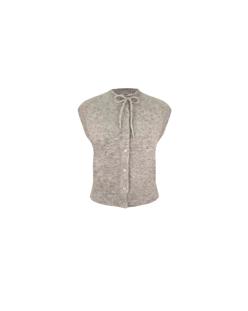 ANNIE VEST GREY MARLE | Crew neck vest with a button-down front, designed in a cosy alpaca wool blend. This cardigan comes with a detachable bow-tie, to style on the cardigan through the buttonhole, in...