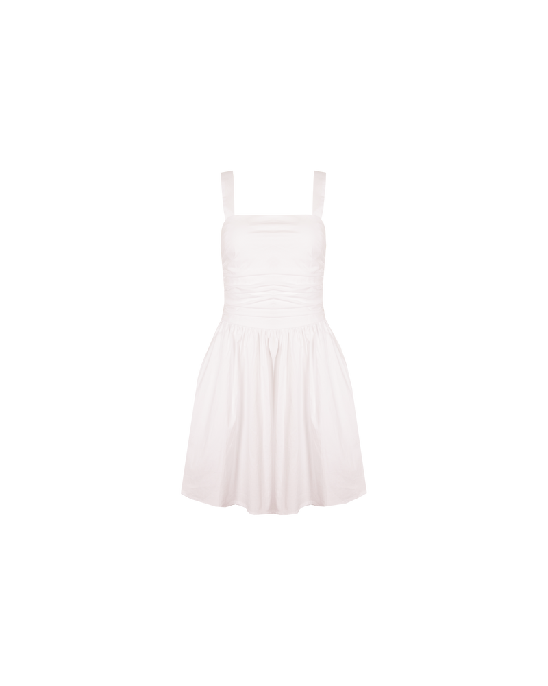 ARIEL MINIDRESS  WHITE | Sleeveless white cotton dress with a ruched body. This dress has a dropped waist that falls to a full gathered mini skirt.