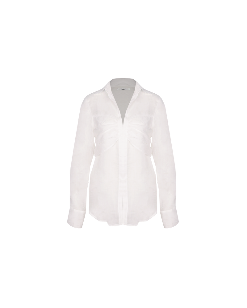 ARIEL SHEER SHIRT WHITE | An update to our much loved Ariel Shirt, designed in a sheer ramie fabric. Featuring ruched detailing across the bust and a hook and eye down front. The ruched band...