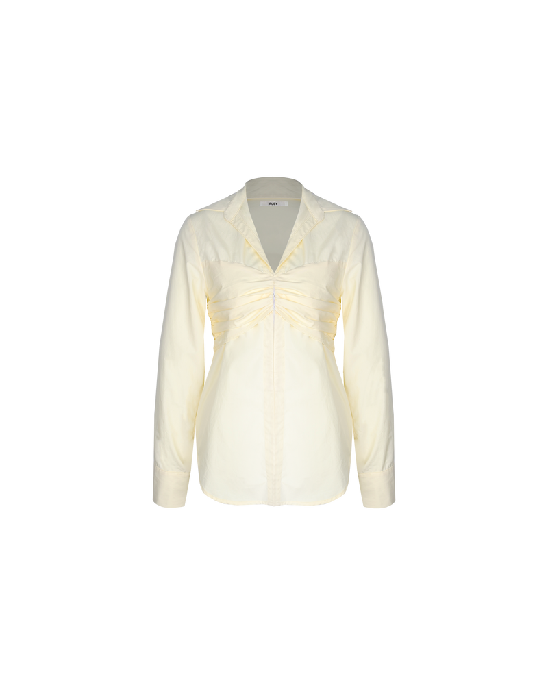 ARIEL SHIRT BUTTER | A new take on the classic shirt, featuring rouched detailing across the bust and a hook and eye down front. 