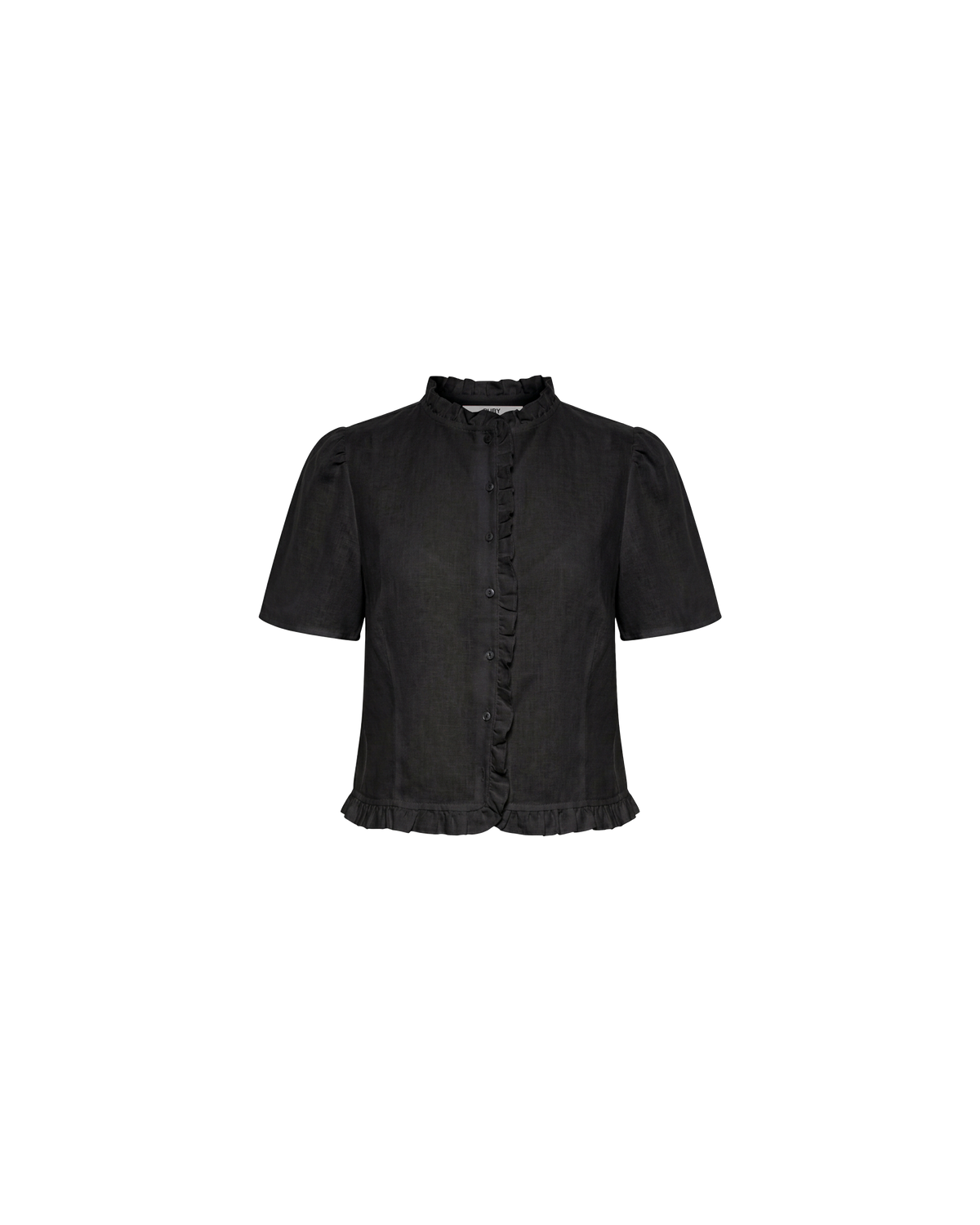 ARLO LINEN TOP BLACK | Black linen button up blouse with ruffle detailing around the neckline, hem and down the front. A great addition to your workwear wardrobe, pair with denim for a sweet and simple look. 