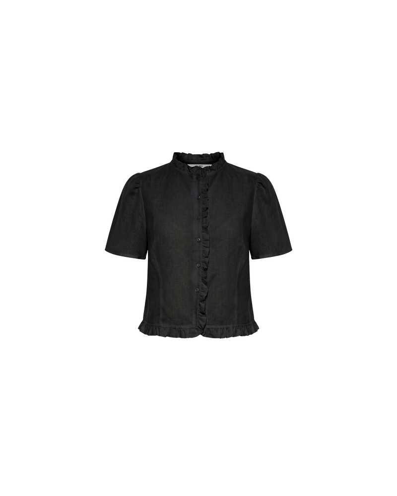 ARLO LINEN TOP BLACK | Black linen button up blouse with ruffle detailing around the neckline, hem and down the front. A great addition to your workwear wardrobe, pair with denim for a sweet and simple look. 