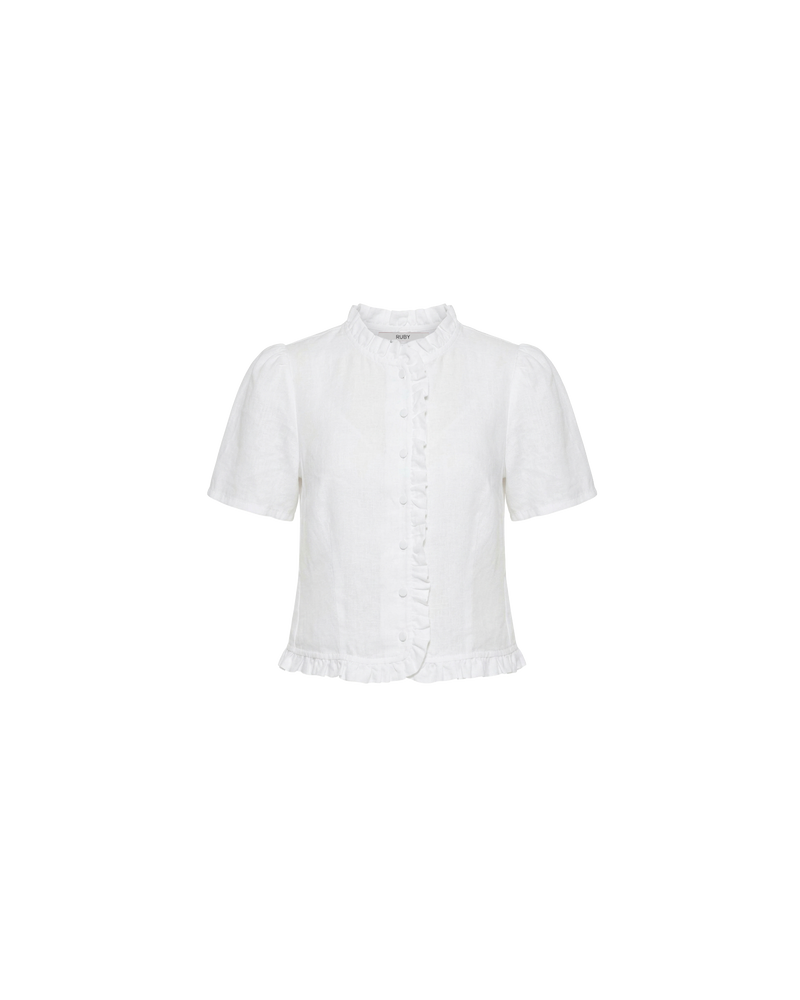ARLO LINEN TOP WHITE | White linen button up blouse with ruffle detailing around the neckline, hem and down the front. A great addition to your workwear wardrobe, pair with denim for a sweet and simple look. 