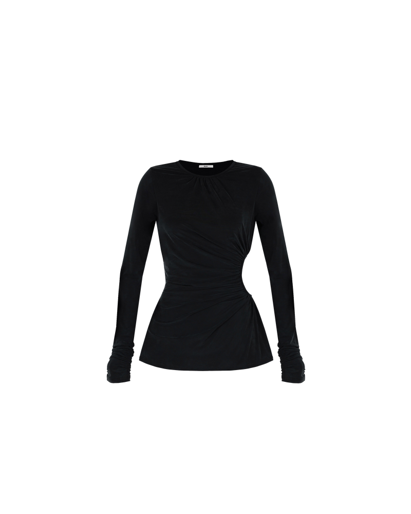 BETTINA CUT-OUT TOP BLACK | Form fitting longsleeve top with statement cut-out detail, crafted in a slinky cupro. Gathered detail at the neckline, arm cuffs and cut-out creates ruching that fans across the body, gently...