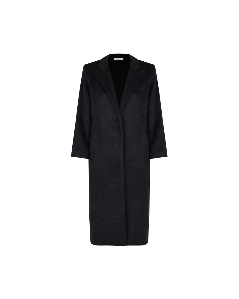 AUGUST COAT BLACK | Longline coat with a double breasted collar and front pocket detail, cut in black, this has a plush handle. Wearing this coat feels like being wrapped in a cosy blanket...
