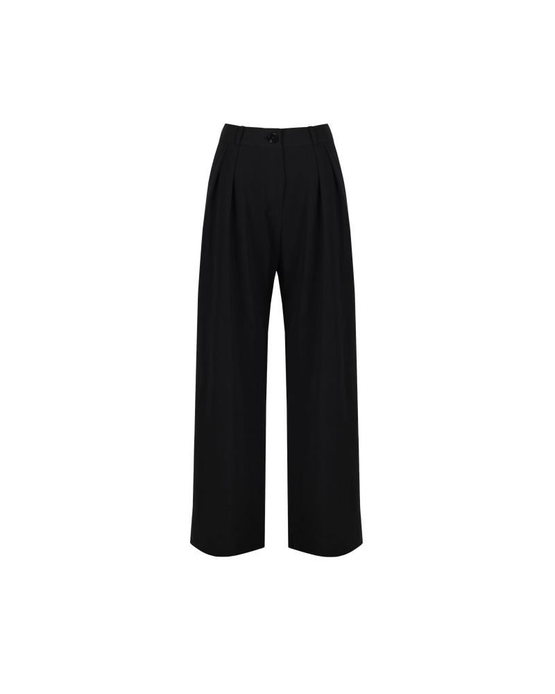 AUGUST TROUSER BLACK | Highwaisted drill pant with a wide leg and front pleats. Beautifully tailored in a mid-weight black twill fabric.