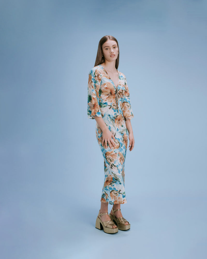 AUGUST SILK MIDI DRESS WILTED FLORAL | Bias cut silk midi-dress featuring a keyhole tie detail at the neckline, in a RUBY exclusive wilted floral print. The bias cut effortlessly skims your figure, and the keyhole feature...