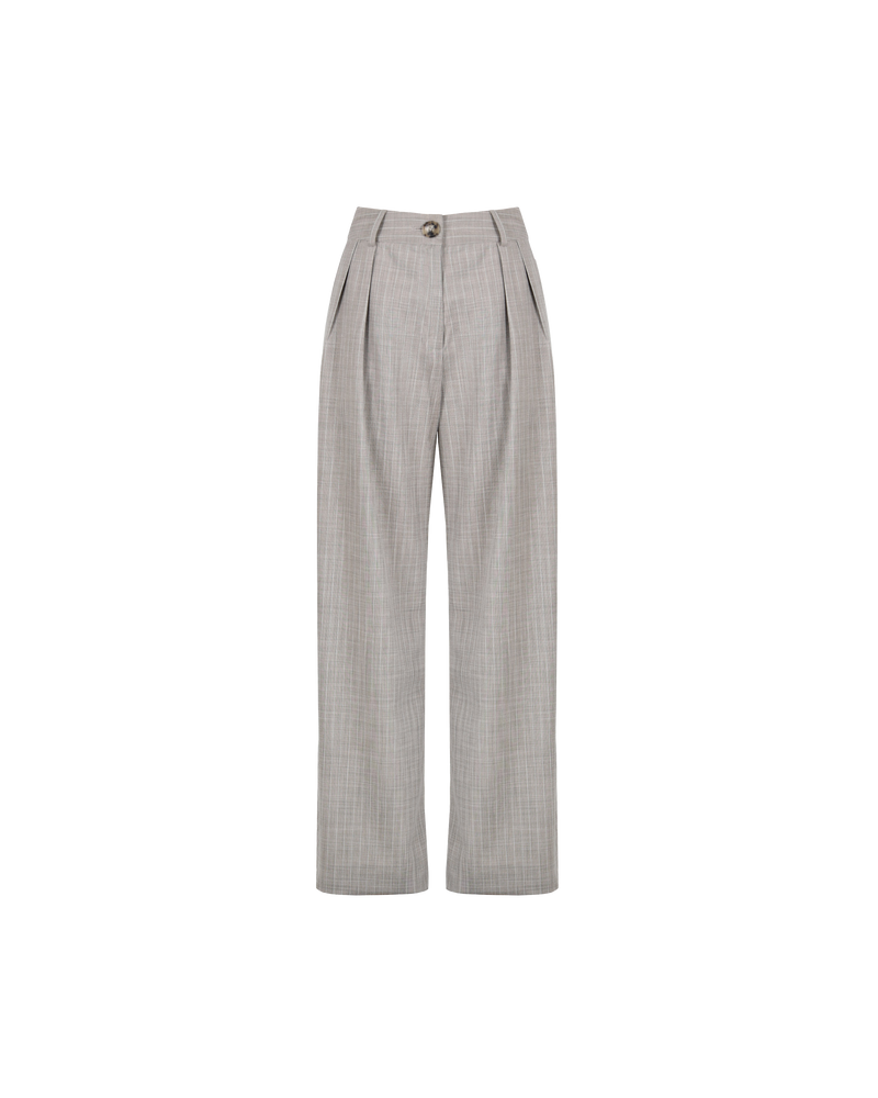 AUGUST TROUSER CAMEL STRIPE | High Waisted wide leg suit pant in a relaxed fit designed in a soft grey striped suiting fabric. Softly tailored to perfection.