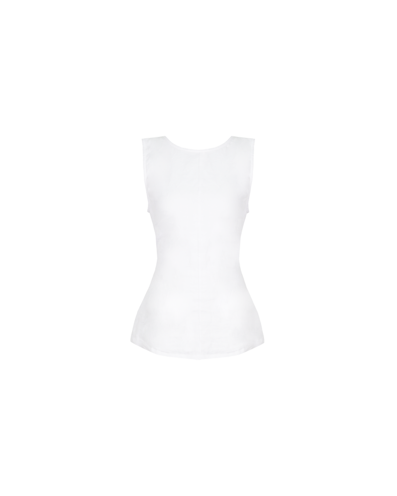 AVA LINEN BOW TOP WHITE | Sleeveless linen high neck blouse cut in a crisp white linen. This piece turns to reveal a chic cut-out back detail with an oversized bow.